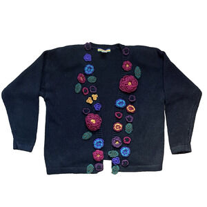 Vintage Black Cardigan Sweater Women’s M 3D Floral Embroidery Boho Art to Wear‎